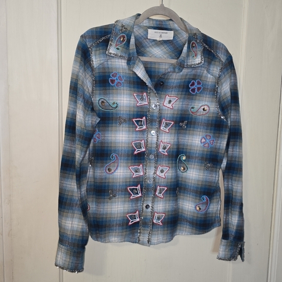 MISS ME VINTAGE BEADED SEQUIN PLAID FLANNEL Western SHIRT Size Medium - Picture 10 of 10
